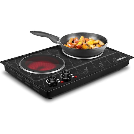 Cusimax Electric Double Hot Plate, Infrared Ceramic Electric Cooktopl, Black Marble CMIP-C180-BS